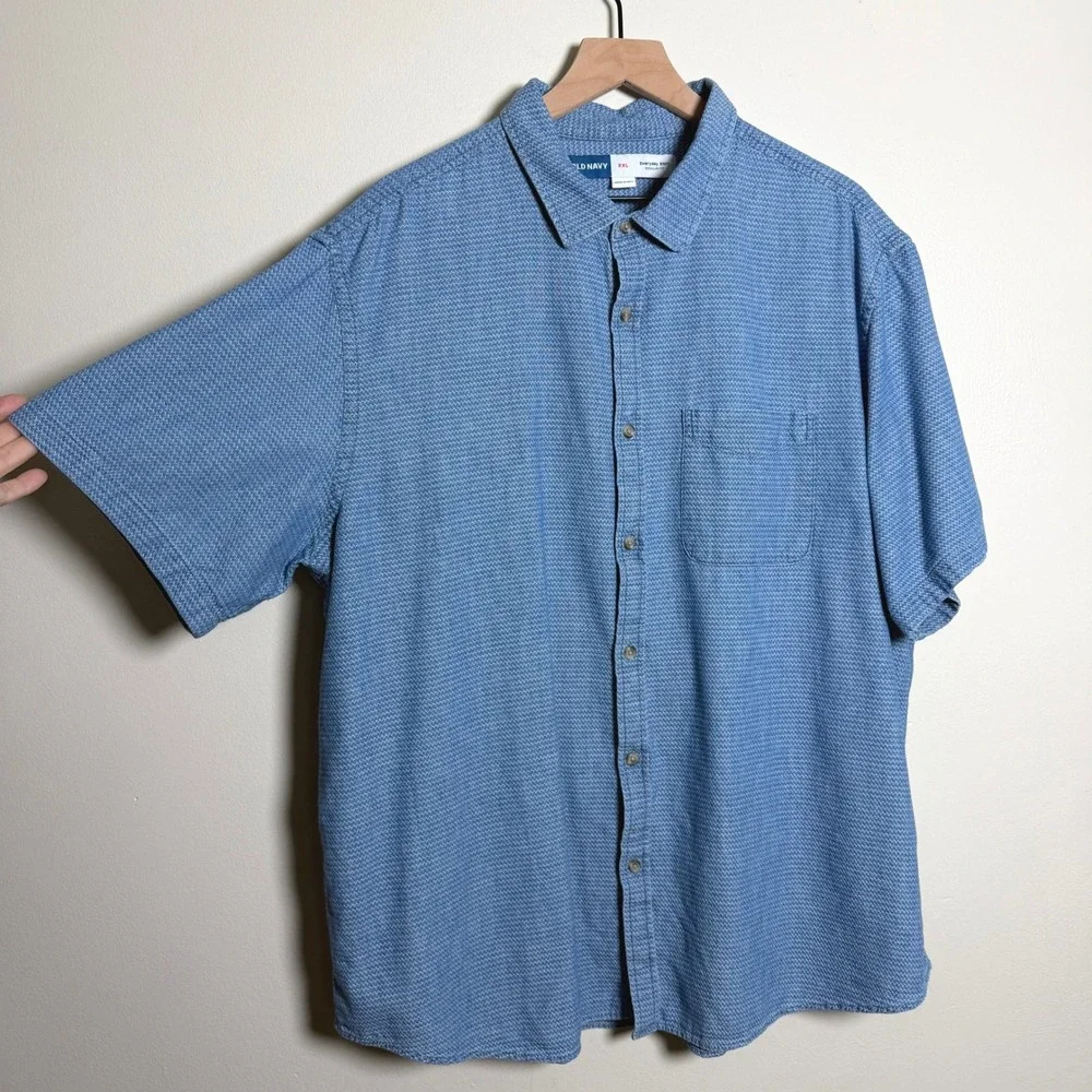 Old‎ Navy Mens XXL Blue White Geometric Print Short Sleeve Everyday Shirt Cotton